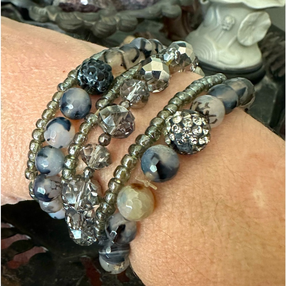 6 stretch bracelets.  Agate, crystal, Czech glass, glass, & metal beads.